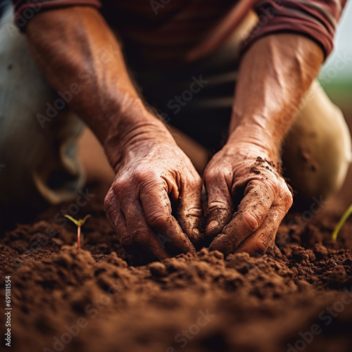 close-up shot of a farmer's hands tending to the soil with care