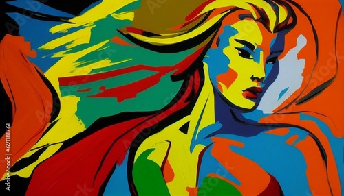A model with vibrant and contrasting colors  creating a visually stimulating composition inspired by the abstract expressionist paintings of Willem de Kooning.