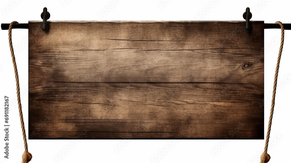 empty wooden sign hanging on a rope on white background, copy space, 16:9
