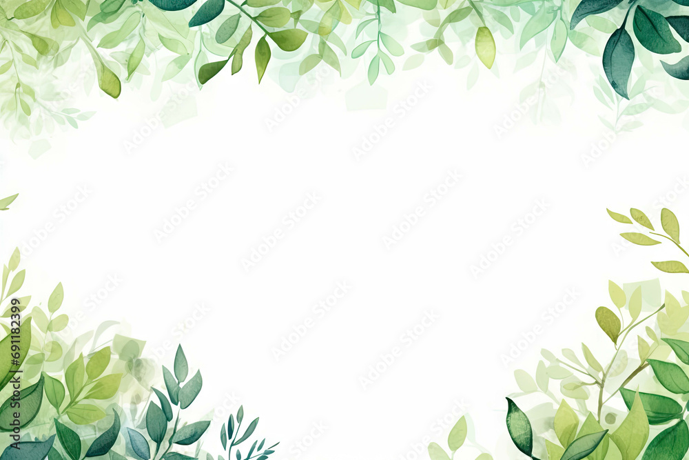 Watercolor green leaves on white background, space for text, minimalist