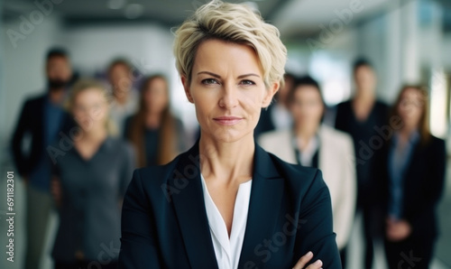 Mature purposeful woman leader at the head of the team