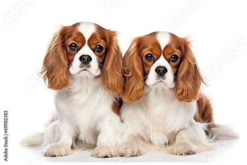 Two cavalier king charles spaniel dogs on white background