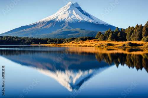 Volcanic mountain in morning light reflected in calm waters of lake © Mayava