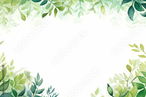 Watercolor green leaves on white background  space for text  minimalist