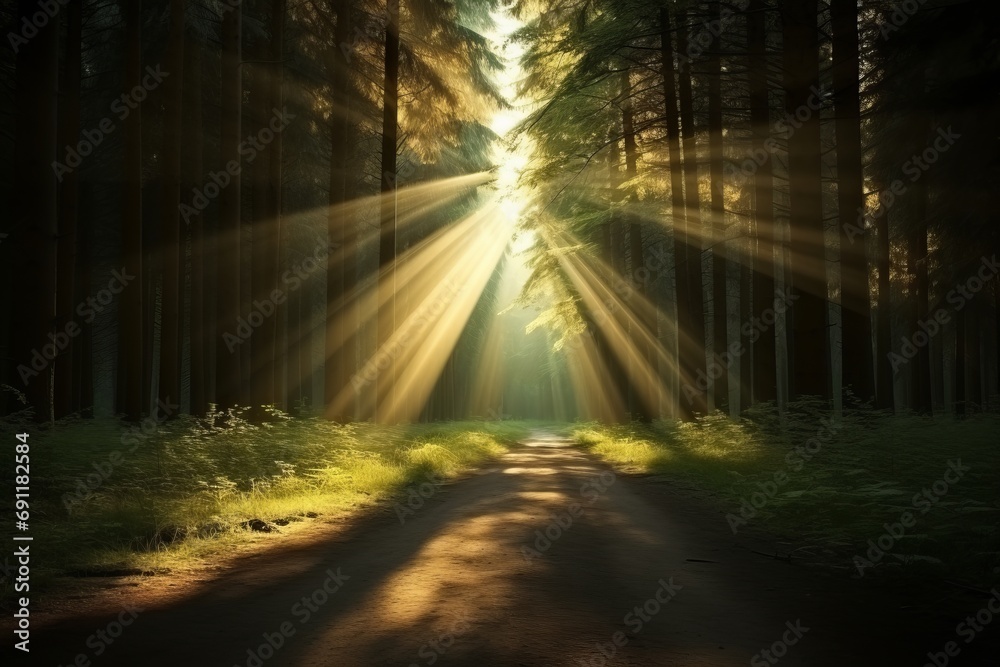 Enchanting sunbeams filtering through the misty woodland, casting radiant rays of sunlight