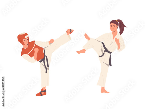 Teenage boy and girl cartoon characters doing karate, combating enjoying defense sport activity