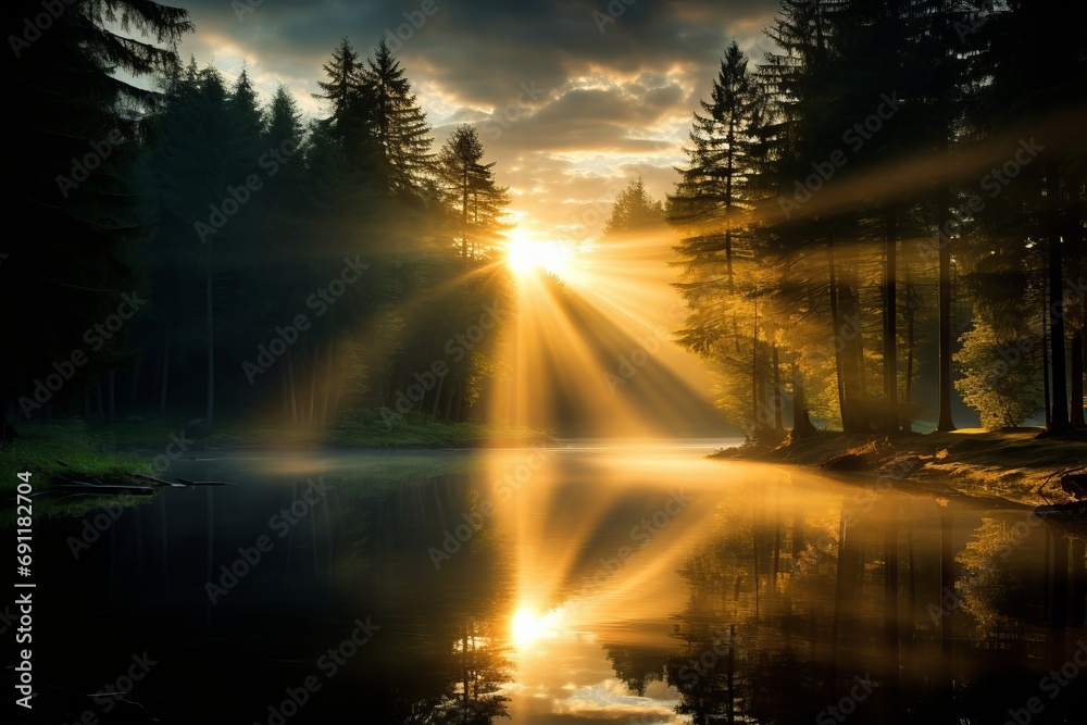 Enchanting sunbeams filtering through a picturesque misty forest, casting ethereal rays of sunlight
