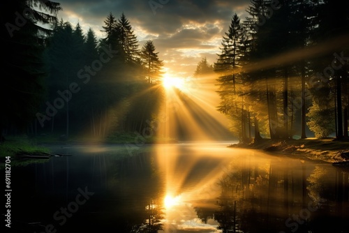 Enchanting sunbeams filtering through a picturesque misty forest  casting ethereal rays of sunlight