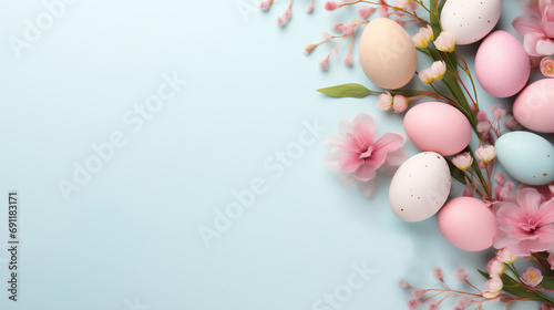 Pink Pastel Easter Background: A Banner with Decorated Eggs and Spring Blossoms. 