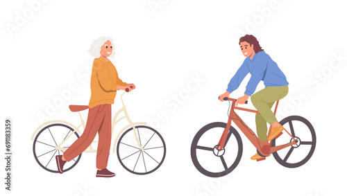 Active female isolated set with young and senior women riding bicycle isolated on white background
