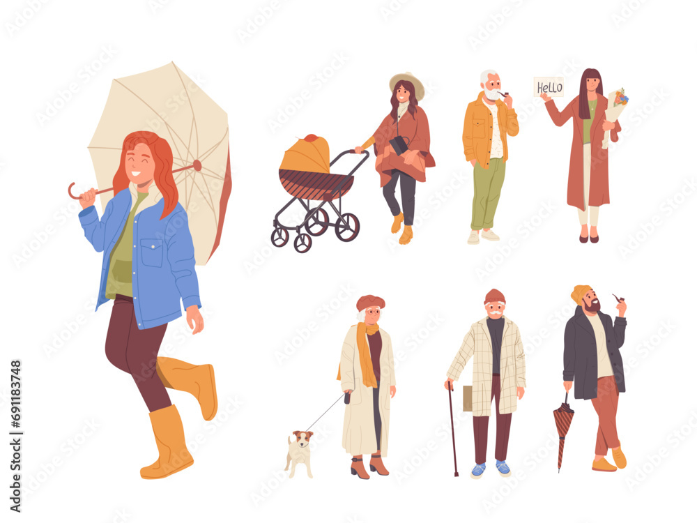 Autumn look set with happy young, adult, teenage and senior people cartoon characters on walk