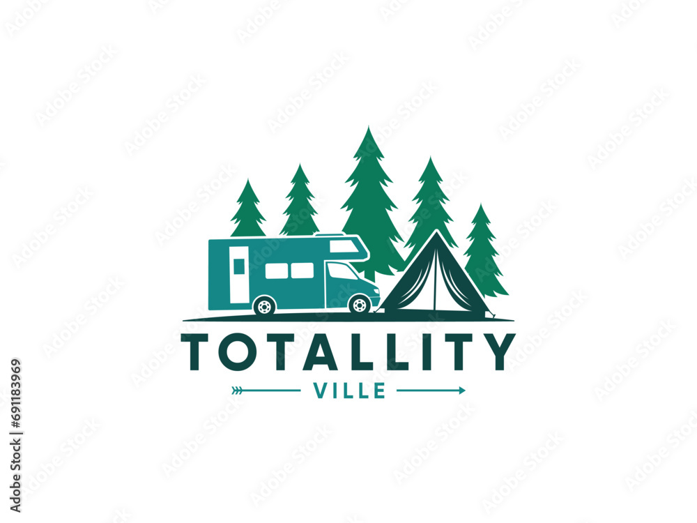 outdoor adventure camping logo with a combination of a campervan, mountains, lake, and RV logo for any business.
