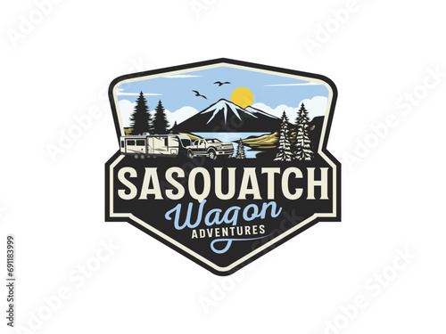 outdoor adventure camping logo with a combination of a campervan, mountains, lake, and RV Badge logo for any business.