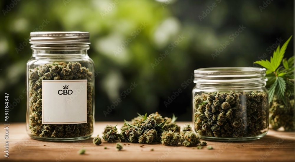 Closeup of glass jar full of marihuana buds with text CBD on wooden table, medical marijuana concept, background