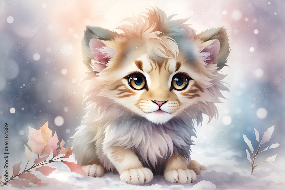 adorable, cute, funny, soft wild baby lion in watercolor with big eyes	