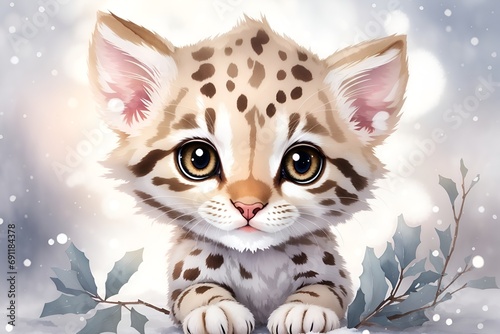 adorable, cute, funny, soft wild baby ocelot in watercolor with big eyes	