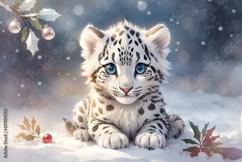 adorable, cute, funny, soft wild baby snow leopard in watercolor with big eyes	 photo