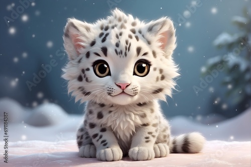 adorable, cute, funny, soft wild baby snow leopard in watercolor with big eyes	 photo