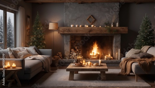 fireplace in the living room, christmas mood and decorations
