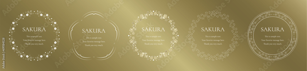 素材_フレームのセット_桜をモチーフにした春の飾り枠。ゴールドの高級感ある囲みのデザイン