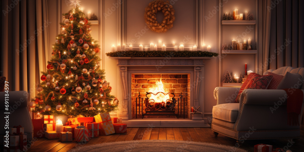 Interior of decorated living room with Christmas tree and comfortable sofa for family comeliness