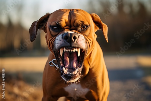 Aggressive dog baring teeth and growling in defensive stance. photo