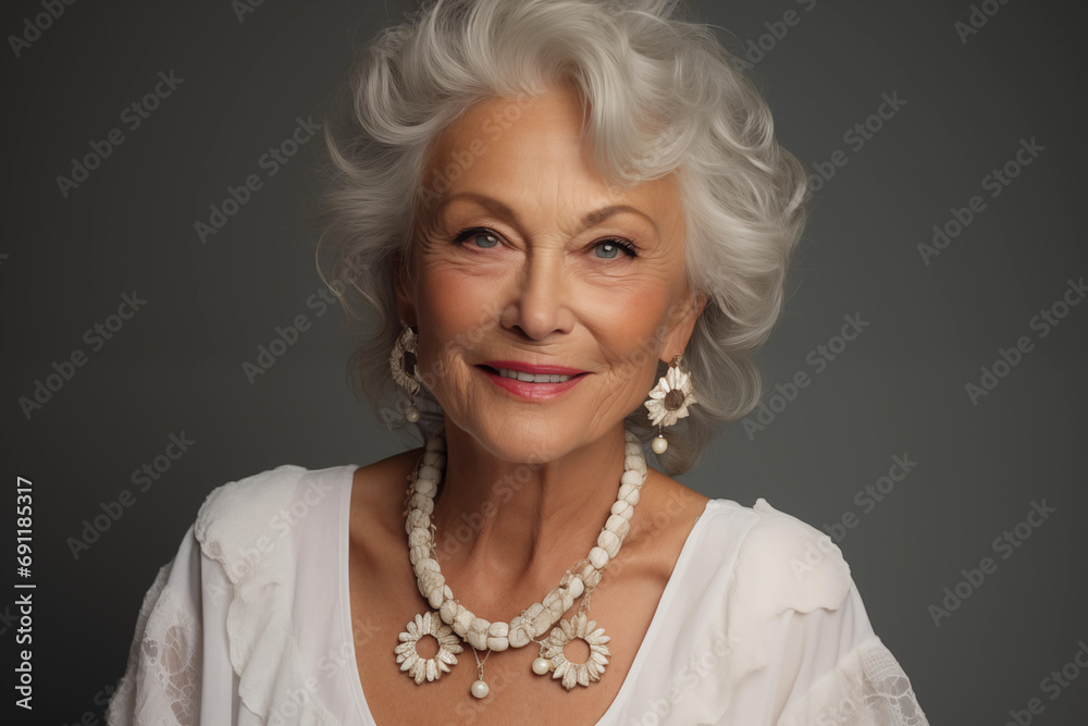 charming senior woman in 60s glamour, sophisticated style