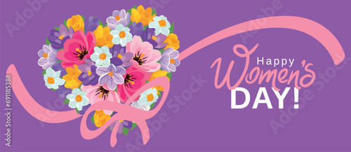 Beautiful flyer for women's day with blooming  heart of flowers. 8 march background with bouquet of tulips and crocuses. Vector illustration, greeting, invitation, coupon, voucher, banner