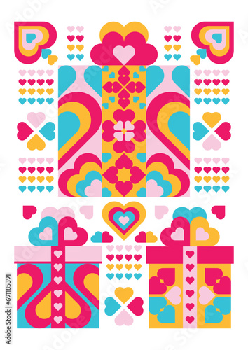 Valentine's day gifts poster. Bright modern abstract geometric background with gifts made of hearts. Poster, banner, advertising
