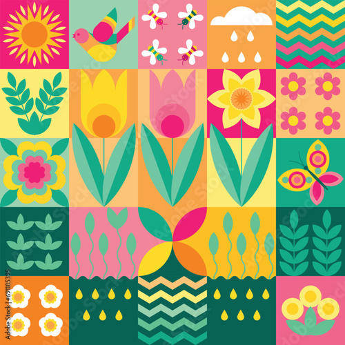 Bright spring nature background. Modern creative geometric pattern with stylized bird, flowers, bees, leaves. Texture for wallpaper, paper, packaging, textile, home decor, souvenirs