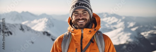 man on hill smiling in ski helmet and jacket, generative AI photo