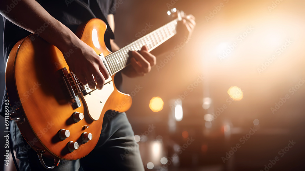 Close-up musician guitar playing a concert on a club stage - obrazy, fototapety, plakaty 