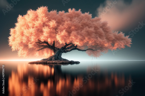 magical landscape and peaceful environment, tree by the lake, colour of the year 2024 Peach Fuzz, peaceful, landscape concept, generative ai © João Macedo