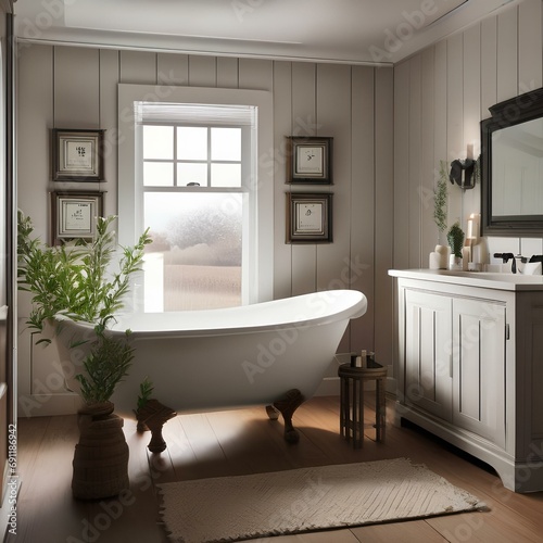 A cozy farmhouse-style bathroom with clawfoot tub and rustic wooden accents3