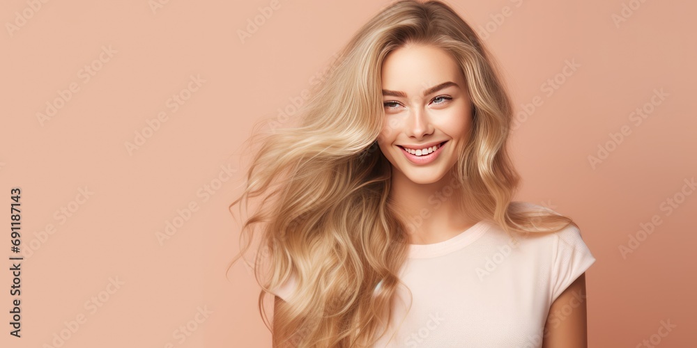 Beautiful smiling girl with blond hair. Stylish hairstyle curls done in a beauty salon. Happiness, self care, mental health idea Beautiful smiling girl with blond hair. Stylish hairstyle curls done in a beauty salon. Happiness, self care, mental health idea