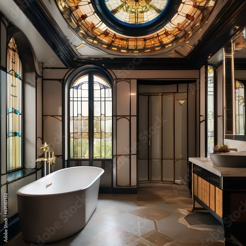 A luxurious Art Nouveau-inspired bathroom with stained glass windows and elegant fixtures3