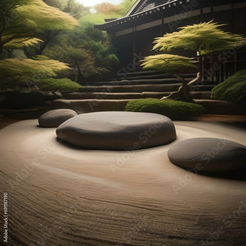 A serene Japanese Zen garden with raked gravel and carefully placed rocks2