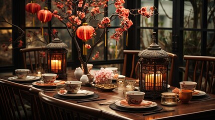 Chinese dining room decorated for lunar new year celebration