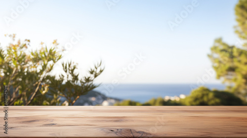 Wooden table top with blurred background featuring natural elements and view of sea, AI Generated