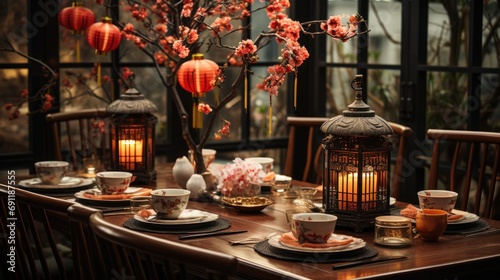 Chinese dining room decorated for lunar new year celebration photo