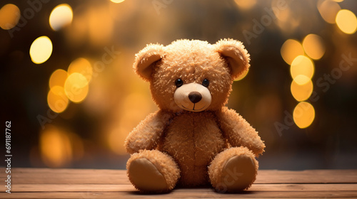 Charming and heartwarming image of toy teddy bear sitting in front of soft bokeh background, AI Generated © Shining Pro