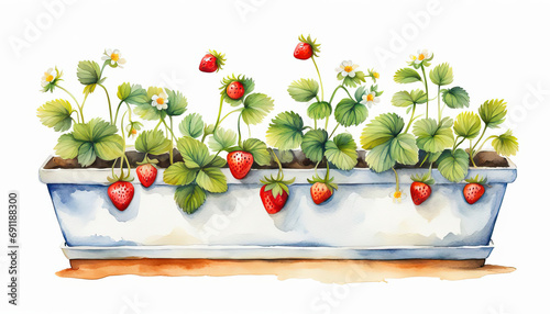 Cute strawberry plants in a wide pot with copy space