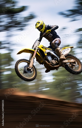 a man rider riding a sport dirt bike in a race doing jumping stunt in the air