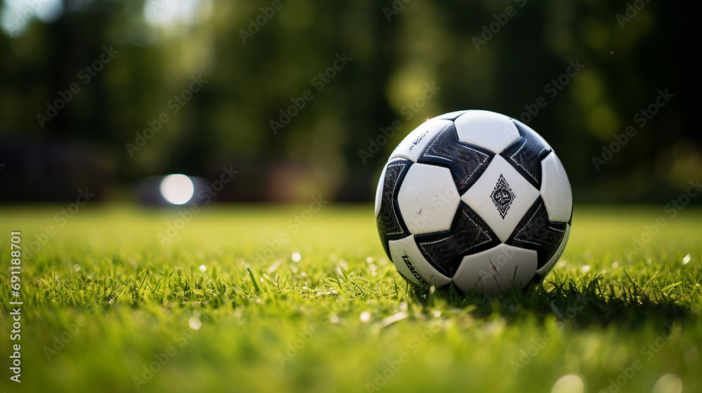 Fototapeta premium Bright and inviting image of soccer ball on field of green grass, Concept of summer camps and outdoor activities, AI Generated
