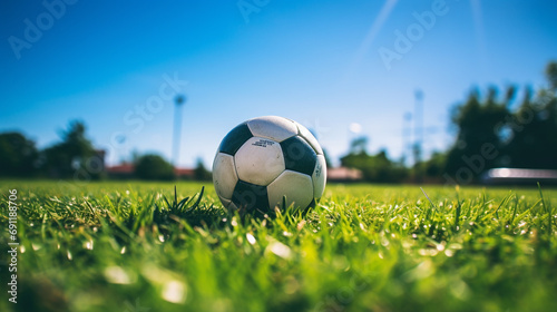 Bright and inviting image of soccer ball on field of green grass, Concept of summer camps and outdoor activities, AI Generated photo