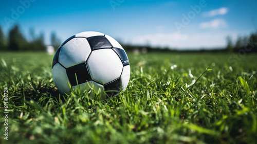 Bright and inviting image of soccer ball on field of green grass, Concept of summer camps and outdoor activities, AI Generated © Shining Pro