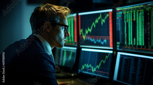 Dynamic and detailed photo of financial expert examining stock market trends and indicators, Array of financial charts and data on computer screens, AI Generated © Shining Pro