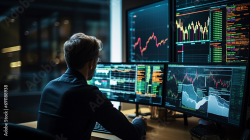 Dynamic and detailed photo of financial expert examining stock market trends and indicators  Array of financial charts and data on computer screens  AI Generated