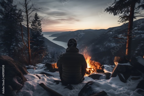a man sitting near a campfire on snowy ground taking warmth in winters