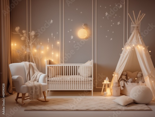 Quarto de bebê super decorado, design de interiores, quartinho de bebê com luzes e toca para uso comercial ou inspiração photo